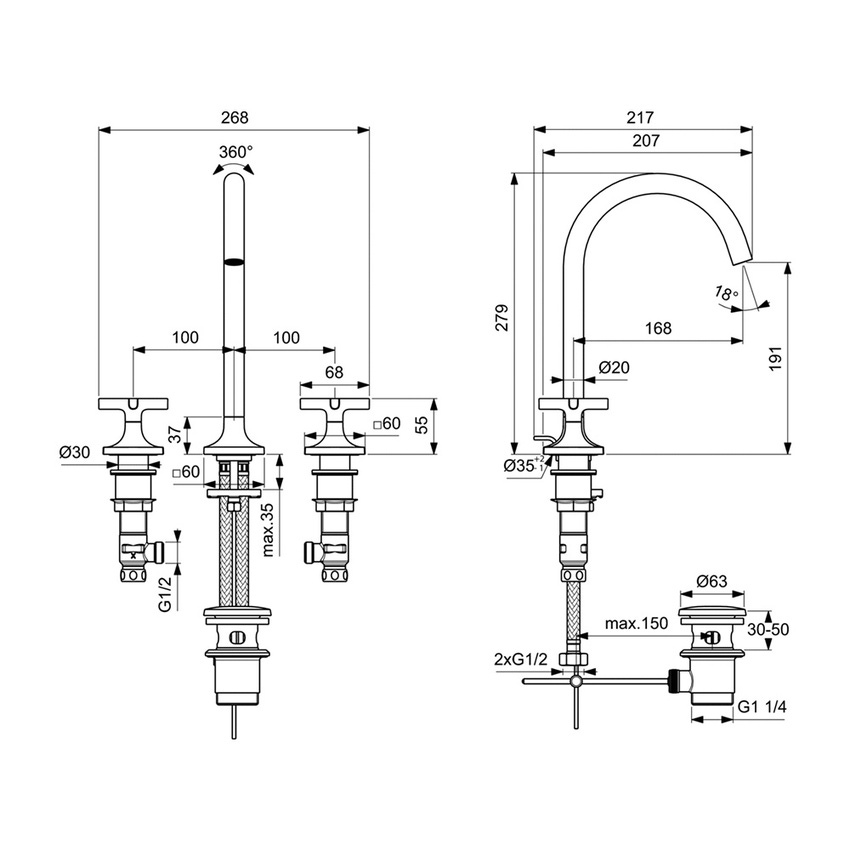 Immagine di Ideal Standard JOY NEO miscelatore a due leve per lavabo, con maniglia a croce, con scarico, bocca girevole, finitura cromo BD143AA