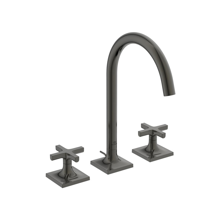 Immagine di Ideal Standard JOY NEO miscelatore a due leve per lavabo, con maniglia a croce, con scarico, bocca girevole, finitura magnetic grey BD143A5