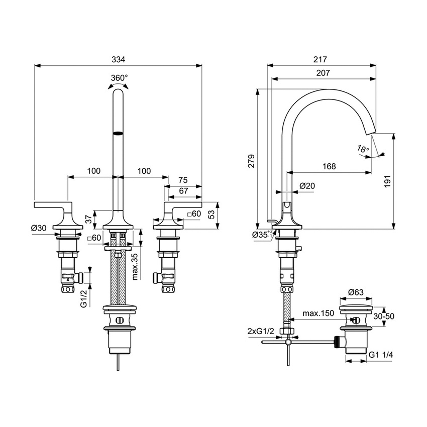 Immagine di Ideal Standard JOY NEO miscelatore a due leve per lavabo, con maniglia lineare, con scarico, bocca girevole, finitura cromo BD144AA