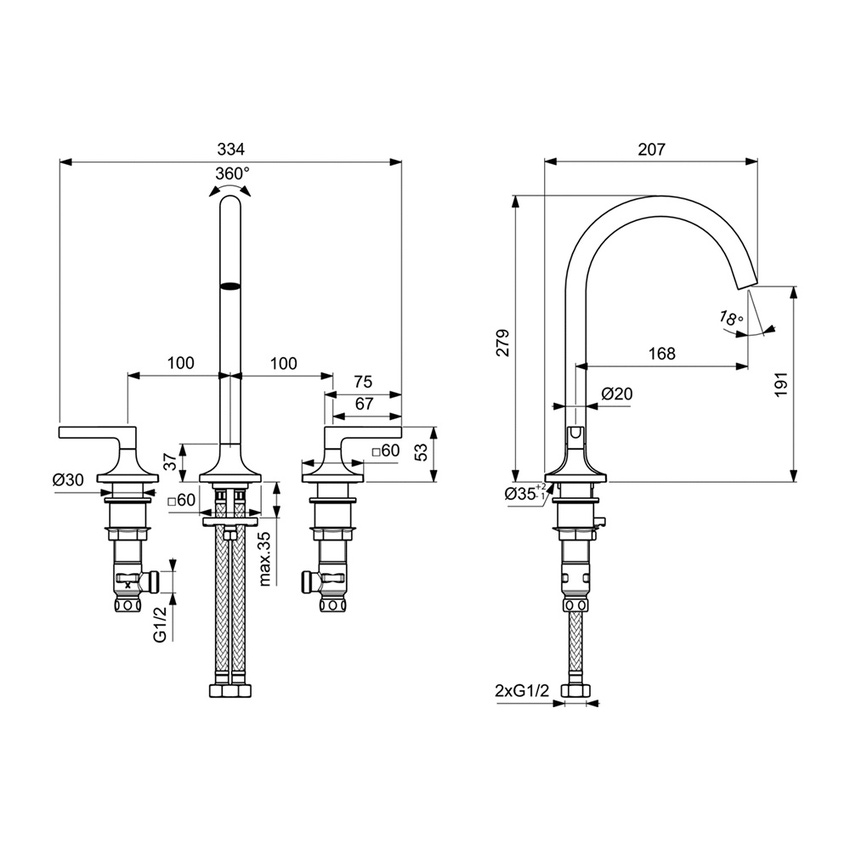 Immagine di Ideal Standard JOY NEO miscelatore a due leve per lavabo, con maniglia lineare, senza scarico, bocca girevole, finitura magnetic grey BD146A5