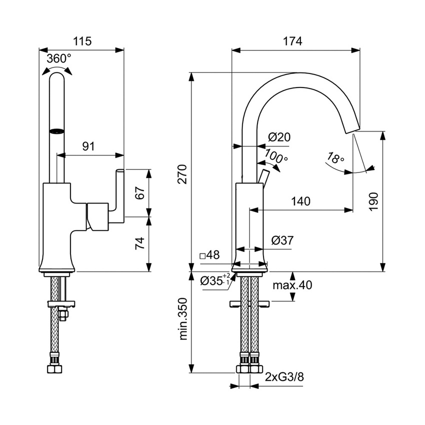 Immagine di Ideal Standard JOY NEO miscelatore monocomando H.27 cm per lavabo, con maniglia lineare laterale, senza scarico, con bocca girevole, finitura cromo BD148AA