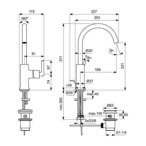 Immagine di Ideal Standard JOY NEO miscelatore monocomando H.31 cm per lavabo, con maniglia lineare laterale, con scarico, con bocca girevole, finitura magnetic grey BD149A5