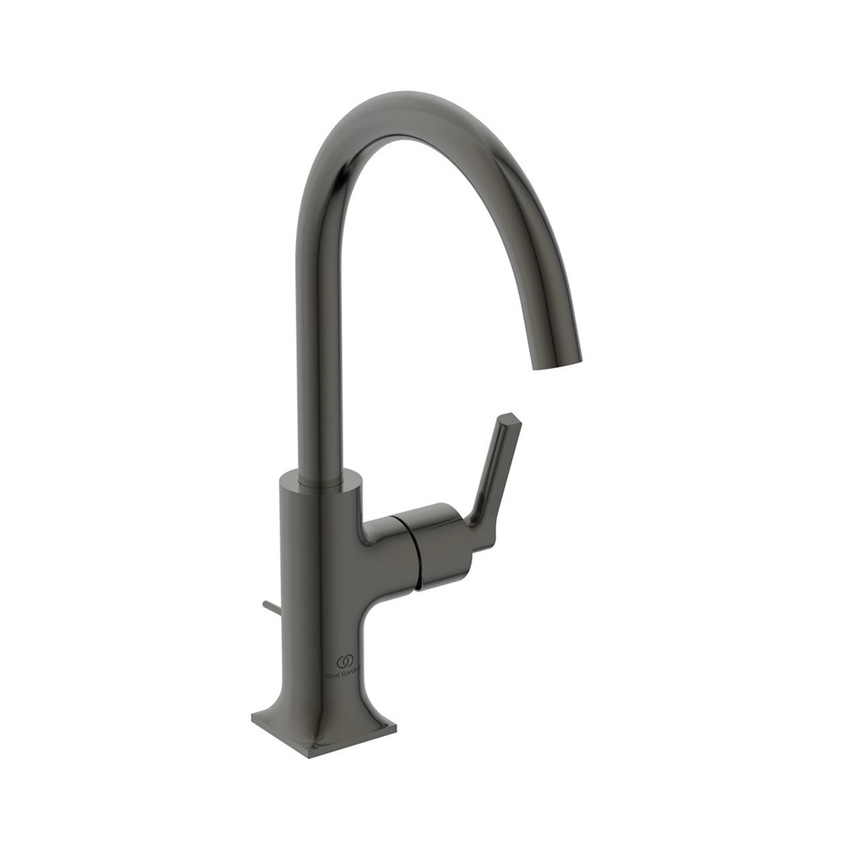 Immagine di Ideal Standard JOY NEO miscelatore monocomando H.31 cm per lavabo, con maniglia lineare laterale, con scarico, con bocca girevole, finitura magnetic grey BD149A5