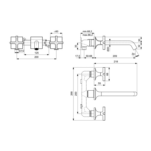 Immagine di Ideal Standard JOY NEO miscelatore a due leve per installazione a parete, con maniglia a croce, finitura cromo BD153AA