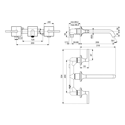 Immagine di Ideal Standard JOY NEO miscelatore a due leve per installazione a parete, con maniglia lineare, finitura cromo BD154AA
