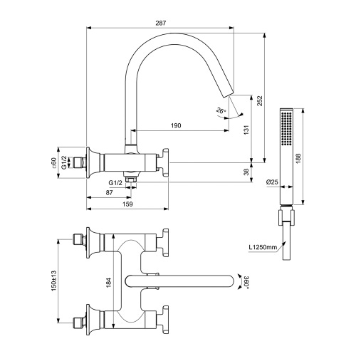 Immagine di Ideal Standard JOY NEO miscelatore meccanico esterno per vasca o doccia, a due leve, maniglia a croce, finitura cromo BD162AA