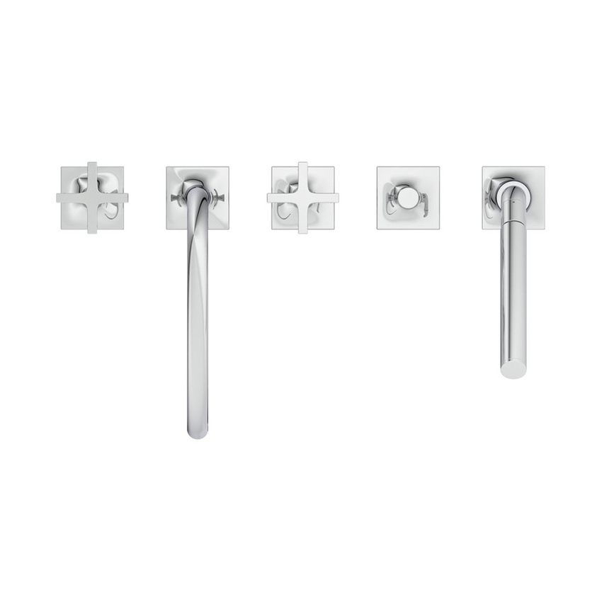 Immagine di Ideal Standard JOY NEO gruppo bordo vasca a 5 fori, con bocca di erogazione, due leve a croce, deviatore e doccetta, finitura cromo BD164AA