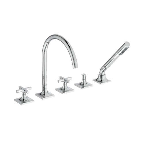 Immagine di Ideal Standard JOY NEO gruppo bordo vasca a 5 fori, con bocca di erogazione, due leve a croce, deviatore e doccetta, finitura cromo BD164AA