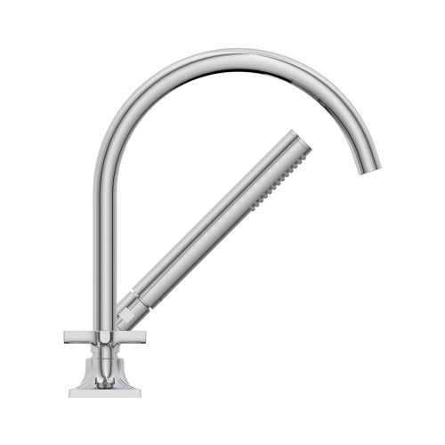 Immagine di Ideal Standard JOY NEO gruppo bordo vasca a 5 fori, con bocca di erogazione, due leve a croce, deviatore e doccetta, finitura cromo BD164AA