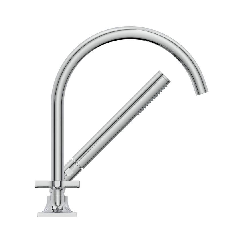 Immagine di Ideal Standard JOY NEO gruppo bordo vasca a 5 fori, con bocca di erogazione, due leve a croce, deviatore e doccetta, finitura cromo BD164AA