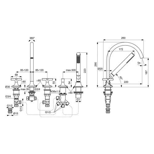 Immagine di Ideal Standard JOY NEO gruppo bordo vasca a 5 fori, con bocca di erogazione, due leve a croce, deviatore e doccetta, finitura cromo BD164AA