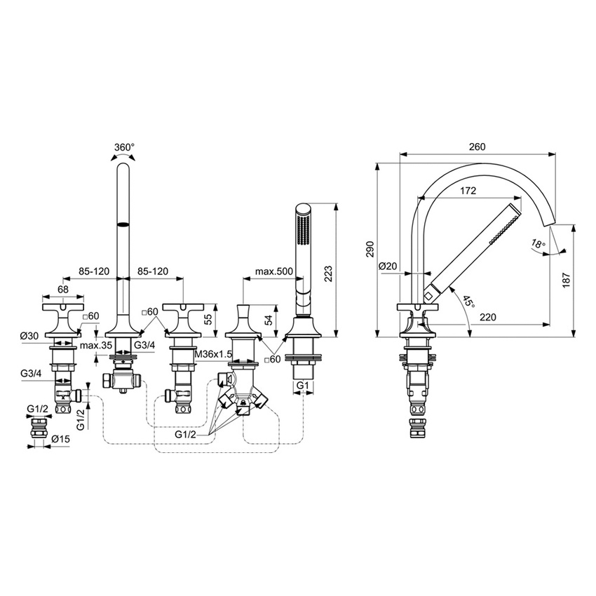 Immagine di Ideal Standard JOY NEO gruppo bordo vasca a 5 fori, con bocca di erogazione, due leve a croce, deviatore e doccetta, finitura cromo BD164AA