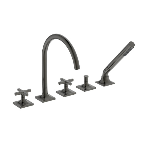 Immagine di Ideal Standard JOY NEO gruppo bordo vasca a 5 fori, con bocca di erogazione, due leve a croce, deviatore e doccetta, finitura magnetic grey BD164A5