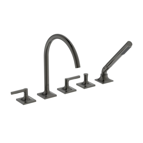 Immagine di Ideal Standard JOY NEO gruppo bordo vasca a 5 fori, con bocca di erogazione, due leve lineari, deviatore e doccetta, finitura magnetic grey BD165A5