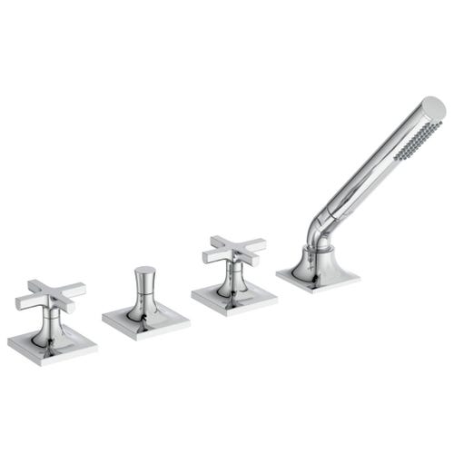 Immagine di Ideal Standard JOY NEO gruppo bordo vasca a 4 fori, con due leve a croce, deviatore e doccetta, finitura cromo BD166AA