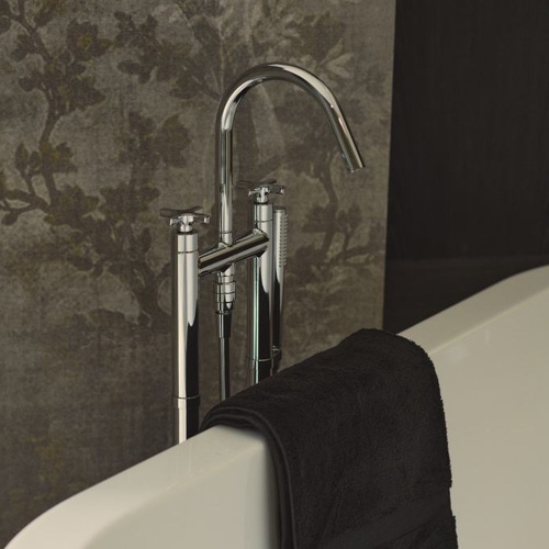 Immagine di Ideal Standard JOY NEO miscelatore freestanding per vasca, con bocca di erogazione, due leve a croce, deviatore e doccetta, corpo incasso incluso, finitura cromo BD168AA