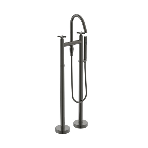 Immagine di Ideal Standard JOY NEO miscelatore freestanding per vasca, con bocca di erogazione, due leve a croce, deviatore e doccetta, corpo incasso incluso, finitura magnetic grey BD168A5
