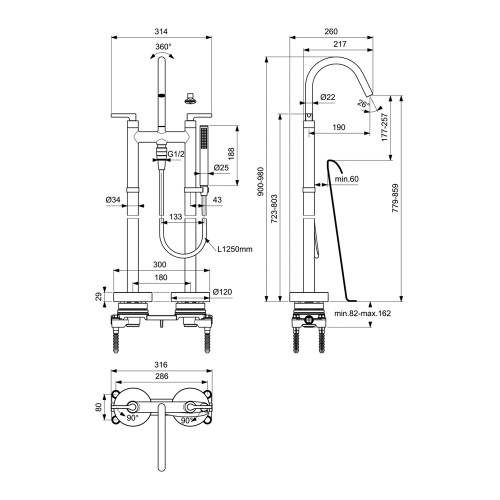 Immagine di Ideal Standard JOY NEO miscelatore freestanding per vasca, con bocca di erogazione, due leve lineari, deviatore e doccetta, corpo incasso incluso, finitura cromo BD169AA
