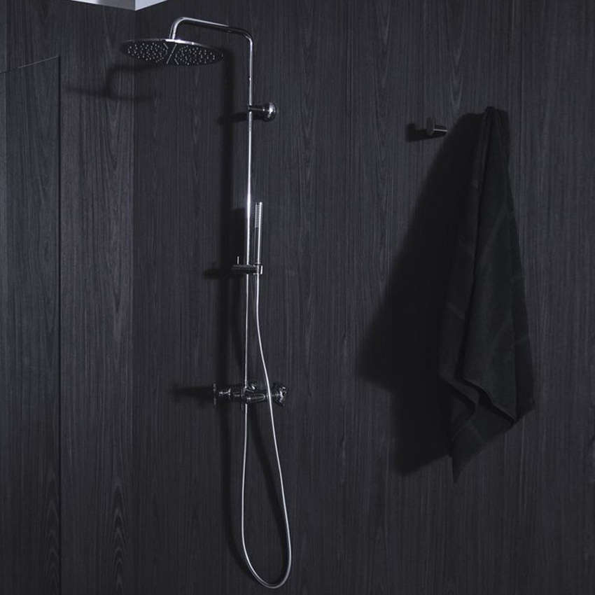 Immagine di Ideal Standard JOY NEO colonna doccia meccanica, con miscelatore a due leve, deviatore, maniglie a croce, soffione Ø 30 cm, doccetta e tubo flessibile, finitura cromo BD158AA