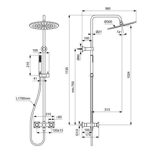 Immagine di Ideal Standard JOY NEO colonna doccia meccanica, con miscelatore a due leve, deviatore, maniglie a croce, soffione Ø 30 cm, doccetta e tubo flessibile, finitura magnetic grey BD158A5