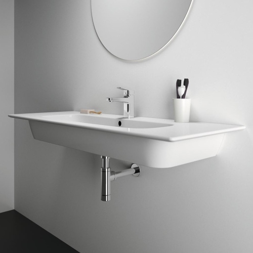 Immagine di Ideal Standard I.LIFE A set con mobile sottolavabo L.120 cm, 2 cassetti, colore bianco finitura opaco e lavabo L.120 cm con foro rubinetteria e troppopieno, colore bianco finitura opaco T5258DU+T462201