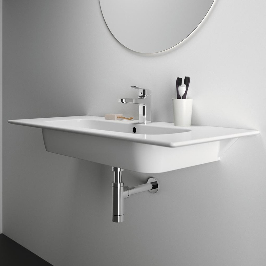 Immagine di Ideal Standard I.LIFE A set con mobile sottolavabo L.100 cm, 2 cassetti, colo bianco finitura opaco e lavabo L.84 cm con foro rubinetteria e troppopieno, colore bianco finitura opaco T5257DU+T462101