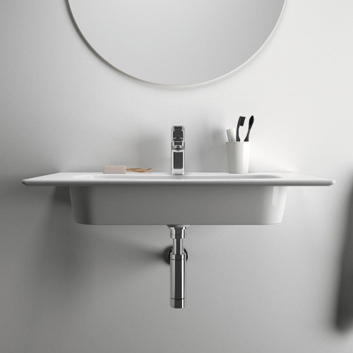 Immagine di Ideal Standard I.LIFE A set con mobile sottolavabo L.80 cm, 2 cassetti, colo bianco finitura opaco e lavabo L.84 cm con foro rubinetteria e troppopieno, colore bianco finitura opaco T5256DU+T462001