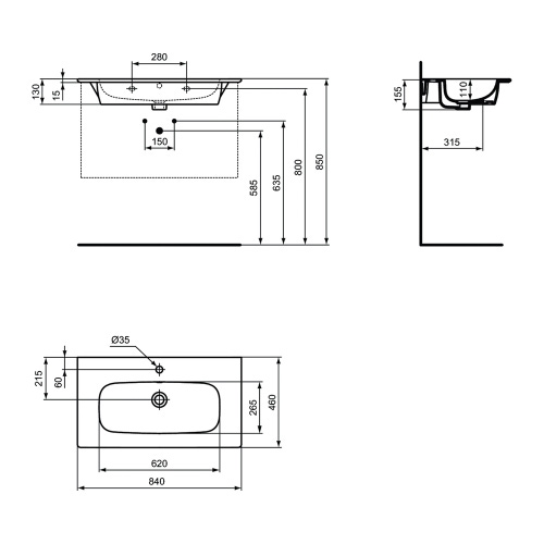 Immagine di Ideal Standard I.LIFE A set con mobile sottolavabo L.80 cm, 2 cassetti, colo bianco finitura opaco e lavabo L.84 cm con foro rubinetteria e troppopieno, colore bianco finitura opaco T5256DU+T462001