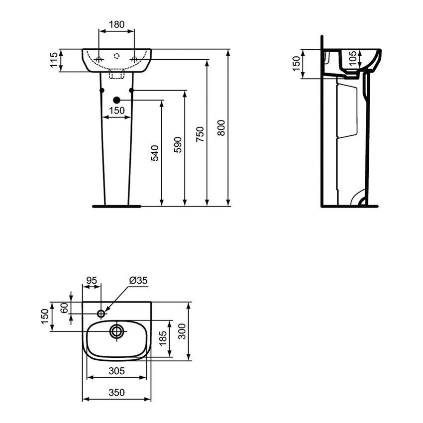 Immagine di Ideal Standard I.LIFE A lavamani L.35 cm, con foro a sinistra, con troppopieno, colore bianco finitura lucido T451501