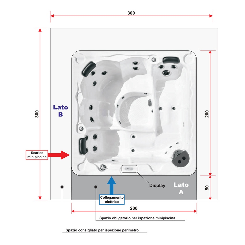Immagine di Treesse STANDARD SPA NAXOS minipiscina idromassaggio quadrata L.200 H.78 cm, con impianto digitale PNAX01BP