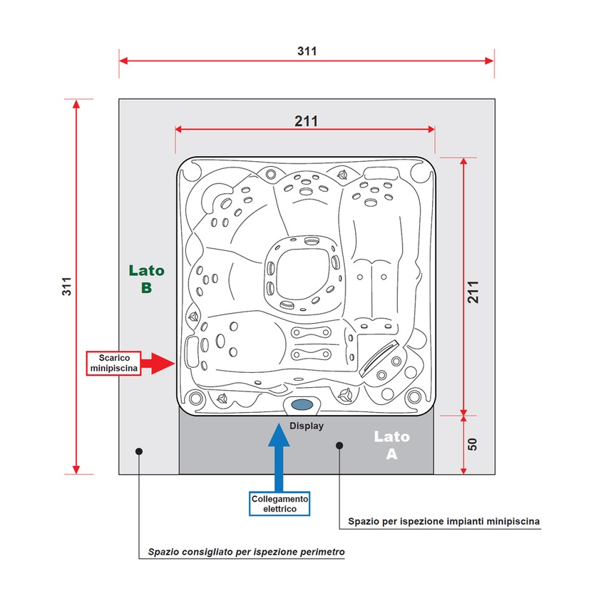 Immagine di Treesse STANDARD SPA MYKONOS minipiscina idromassaggio quadrata L.211 H.86 cm, con impianto digitale PMYK01BP