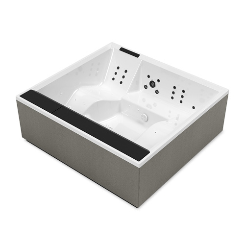 Immagine di Novellini DIVINA XXL SPA STANDARD minipiscina idromassaggio da esterno con cromolight+audio Bluetooth+purificazione Aquaclean (UV+ozono), L.230 P.215 H.85, per 6 persone, sedile colore nero, vasca colore bianco finitura lucido DOXXL5O9-W10H