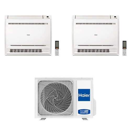 Immagine di Haier CONSOLE R32 Climatizzatore a pavimento dual split inverter Wi-Fi bianco | unità esterna 5 kW unità interne 15000+15000 BTU 2U50S2SM1FA-3+AF[42|42]S2SD1FA(H)
