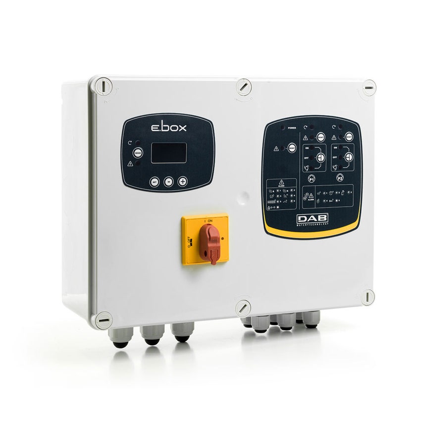 Immagine di Dab Pumps EBOX PLUS D 230-400V/50-60 Quadro elettronico di comando per protezione e funzionamento automatico di una o due elettropompe monofasi/trifasi per applicazioni domestiche, civili e industriali, versione con display 60163217