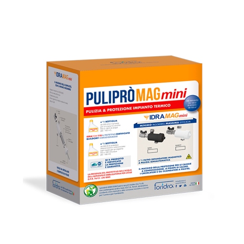 Immagine di Foridra PULIPRÒ MAG MINI pacchetto composto da 1 bottiglia da 0,5 kg IDRATERM 110+1 bottiglia da 0,5 kg IDRATERM 805+1 IDRAMAG MINI bianco orizzontale (o verticale) con valvola, per impianto da 100 l PULIPMINB