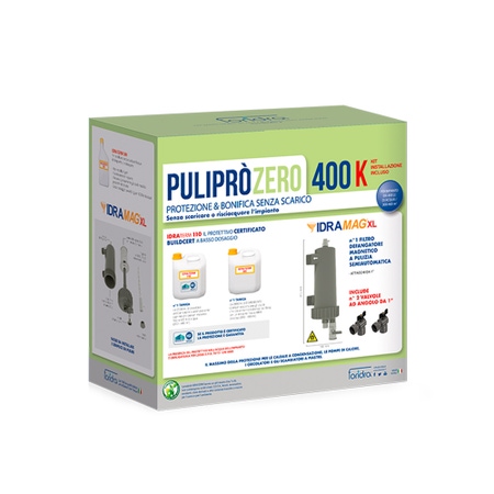 Immagine di Foridra PULIPRÒ ZERO 400 K pacchetto composto da 1 bottiglia da 2 kg IDRATERM 110+1 bottiglia da 2 kg IDRATERM 300+1 IDRAMAG X+1 KIT DUPLEX con attacchi da 1"½ con 2 valvole ad angolo da 1", per impianto di 400 l PULIPZ4K