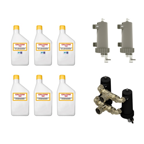 Immagine di Foridra PULIPRÒ ZERO 600 pacchetto composto da 3 bottiglie da 1 kg IDRATERM 100+3 bottiglie da 1 kg IDRATERM 300+2 IDRAMAG X+1 KIT DUPLEX con attacchi da 1"½ , per impianti di 600 l PULIPZ6