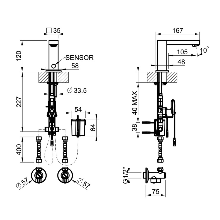 Immagine di Gessi RETTANGOLO rubinetto elettronico L.3.5 H.12 P.16.7 cm, con regolazione di temperatura e portata tramite rubinetto sottolavabo, finitura cromo 30501#031