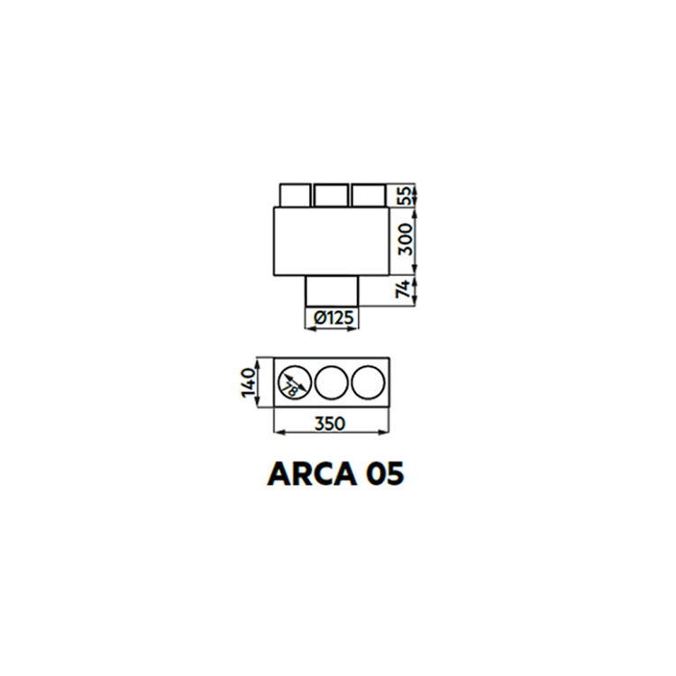 Irsap ARCA 05 plenum di immissione ed estrazione aria in lamiera zincata, attacco principale DN125 + 3 attacchi secondari DN80 A00PLE030812500