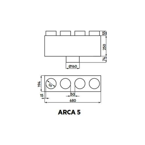 Immagine di Irsap ARCA 5 plenum di immissione ed estrazione aria in lamiera zincata, attacco principale DN160 + 4 attacchi secondari DN125 A00PLE041216000