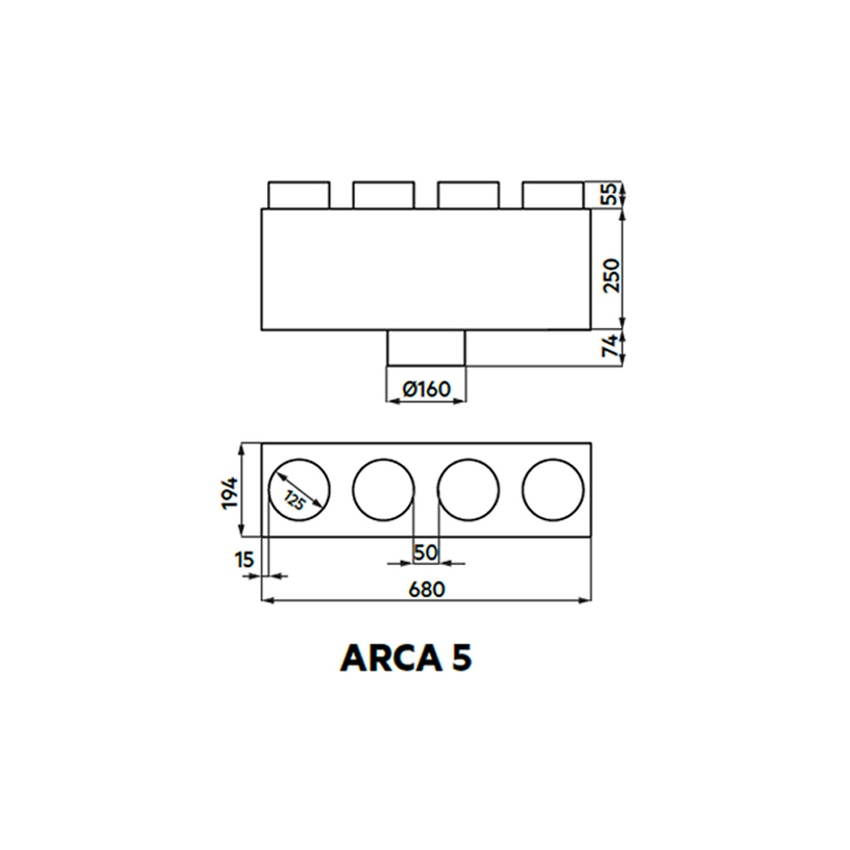 Immagine di Irsap ARCA 5 plenum di immissione ed estrazione aria in lamiera zincata, attacco principale DN160 + 4 attacchi secondari DN125 A00PLE041216000
