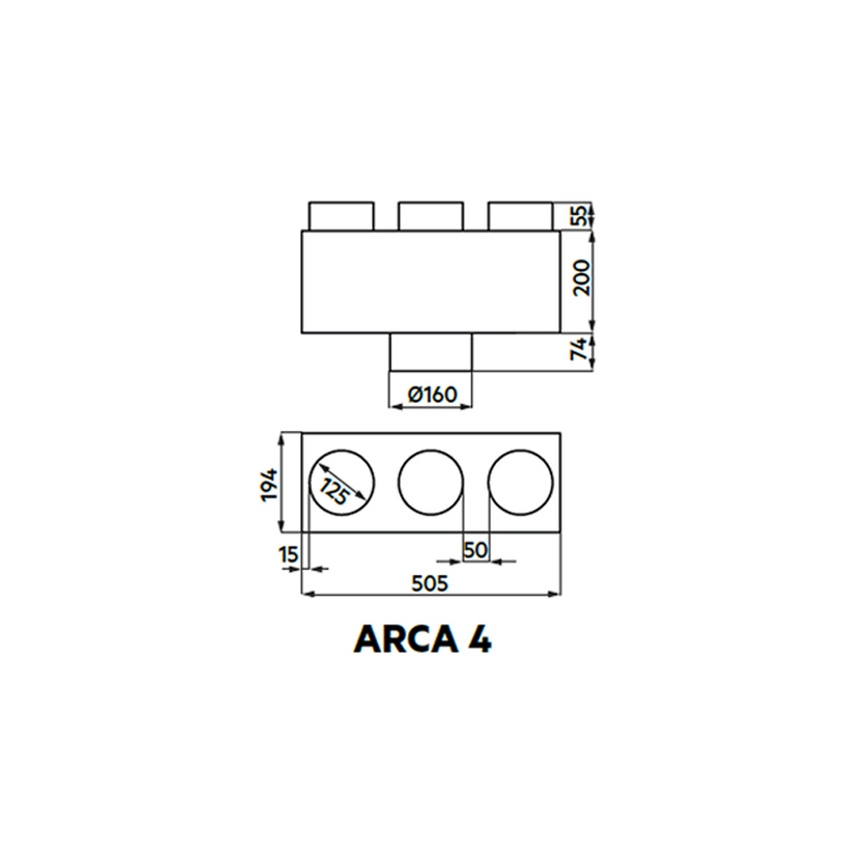 Immagine di Irsap ARCA 4 plenum di immissione ed estrazione aria in lamiera zincata, attacco principale DN160 + 3 attacchi secondari DN125 A00PLE031216000