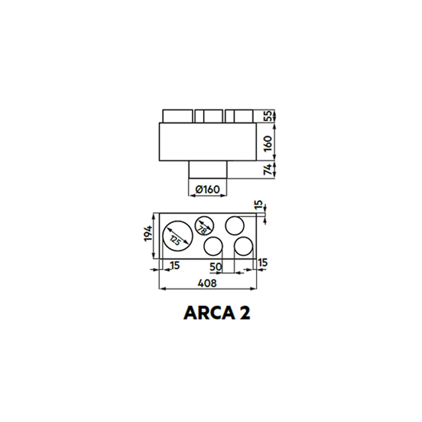 Immagine di Irsap ARCA 2 plenum di immissione ed estrazione aria in lamiera zincata, attacco principale DN160 + 4 attacchi secondari DN80 e 1 attacco DN125 A00PLE040816000