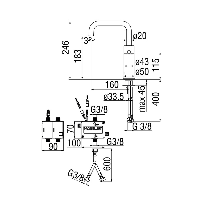 Immagine di Nobili VELIS rubinetto con comando a infrarossi H.24.6 P.10.6 cm, senza scarico, con bocca girevole, finitura cromo IRVE125118/3CR