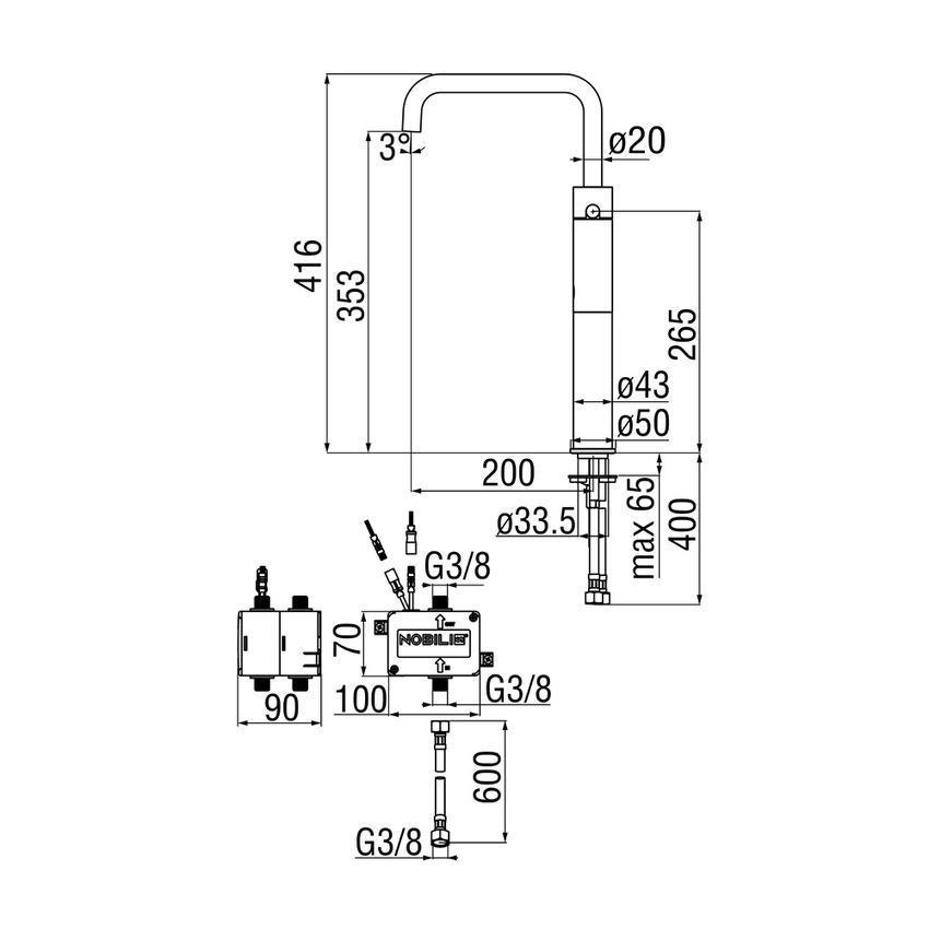 Immagine di Nobili VELIS rubinetto con comando a infrarossi H.41.6 P.20 cm, senza scarico, con bocca girevole, finitura cromo IRVE125128/3CR