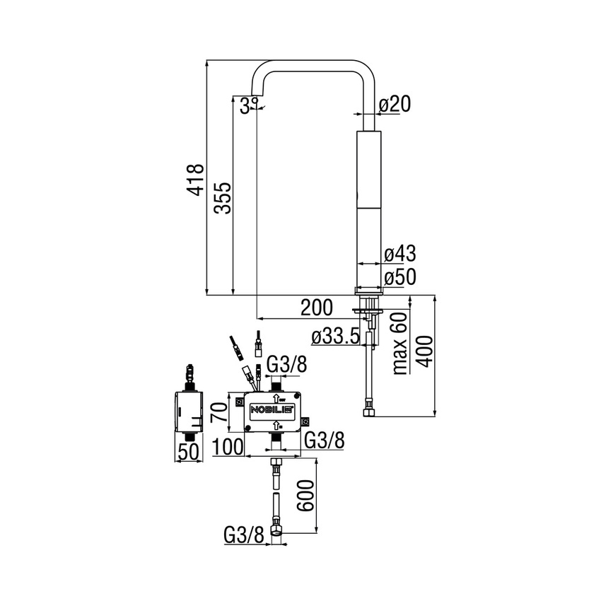 Immagine di Nobili VELIS rubinetto con comando a infrarossi H.41.6 P.20 cm, senza scarico, con bocca fissa, finitura cromo IRVE125238CR