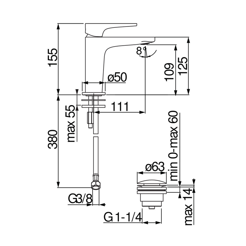 Immagine di Nobili YOYO miscelatore monocomando lavabo H.15.5 P.11.1 cm, a risparmio energetico, con scarico push 1 1/4” e limitatore di portata, colore mora finitura opaco YO126118/2BM