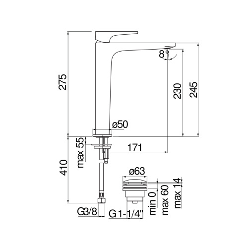 Immagine di Nobili YOYO miscelatore monocomando lavabo H.27.5 P.17.1 cm, con scarico push 1 1/4” e limitatore di portata, colore mora finitura opaco YO126128/2BM