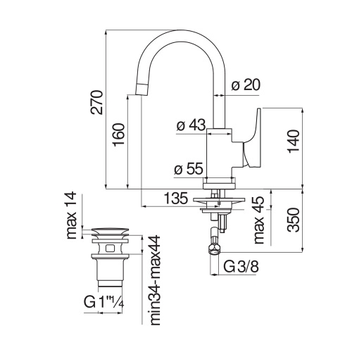 Immagine di Nobili YOYO miscelatore monocomando lavabo H.27 P.13.5 cm, con scarico push 1 1/4” e limitatore di portata, colore mora finitura opaco YO126338/2BM