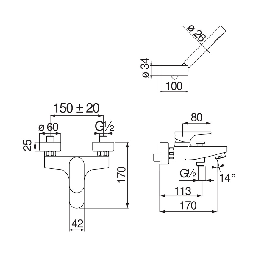 Immagine di Nobili YOYO miscelatore monocomando esterno vasca, con deviatore, supporto doccetta orientabile, doccetta monogetto e flessibile 150 cm, colore mora finitura opaco YO126110BM